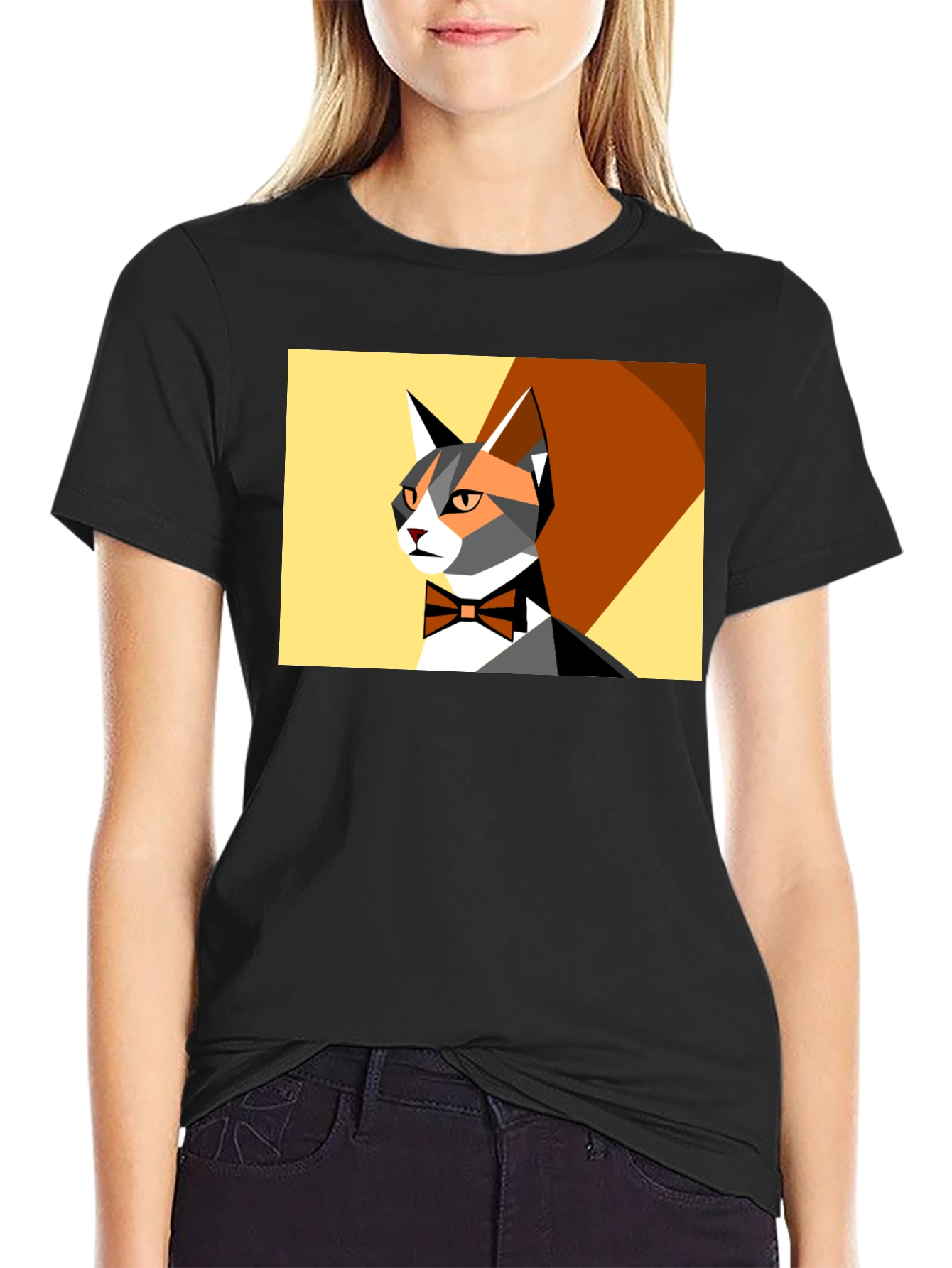 Geometric Cat Bowtie Graphic Tee - Modern Style