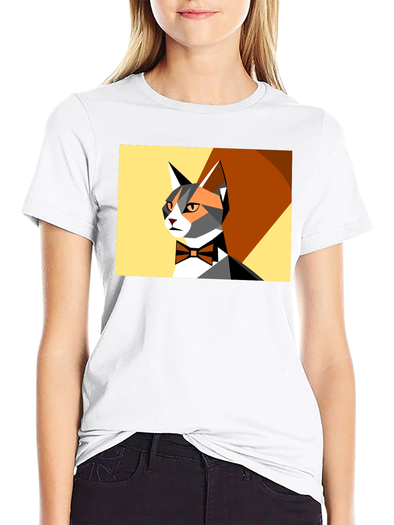 Geometric Cat Bowtie Graphic Tee - Modern Style