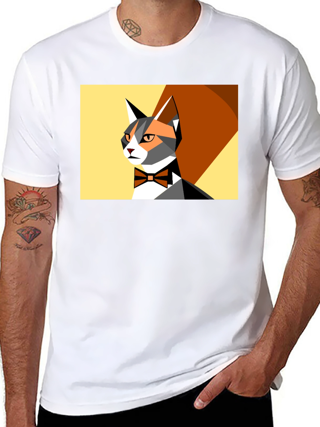 Geometric Cat Bowtie Graphic Tee - Modern Style