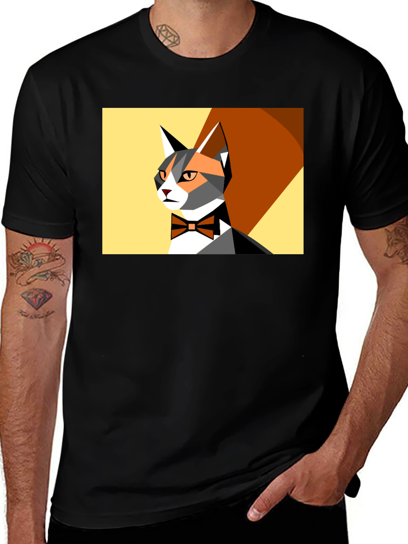 Geometric Cat Bowtie Graphic Tee - Modern Style