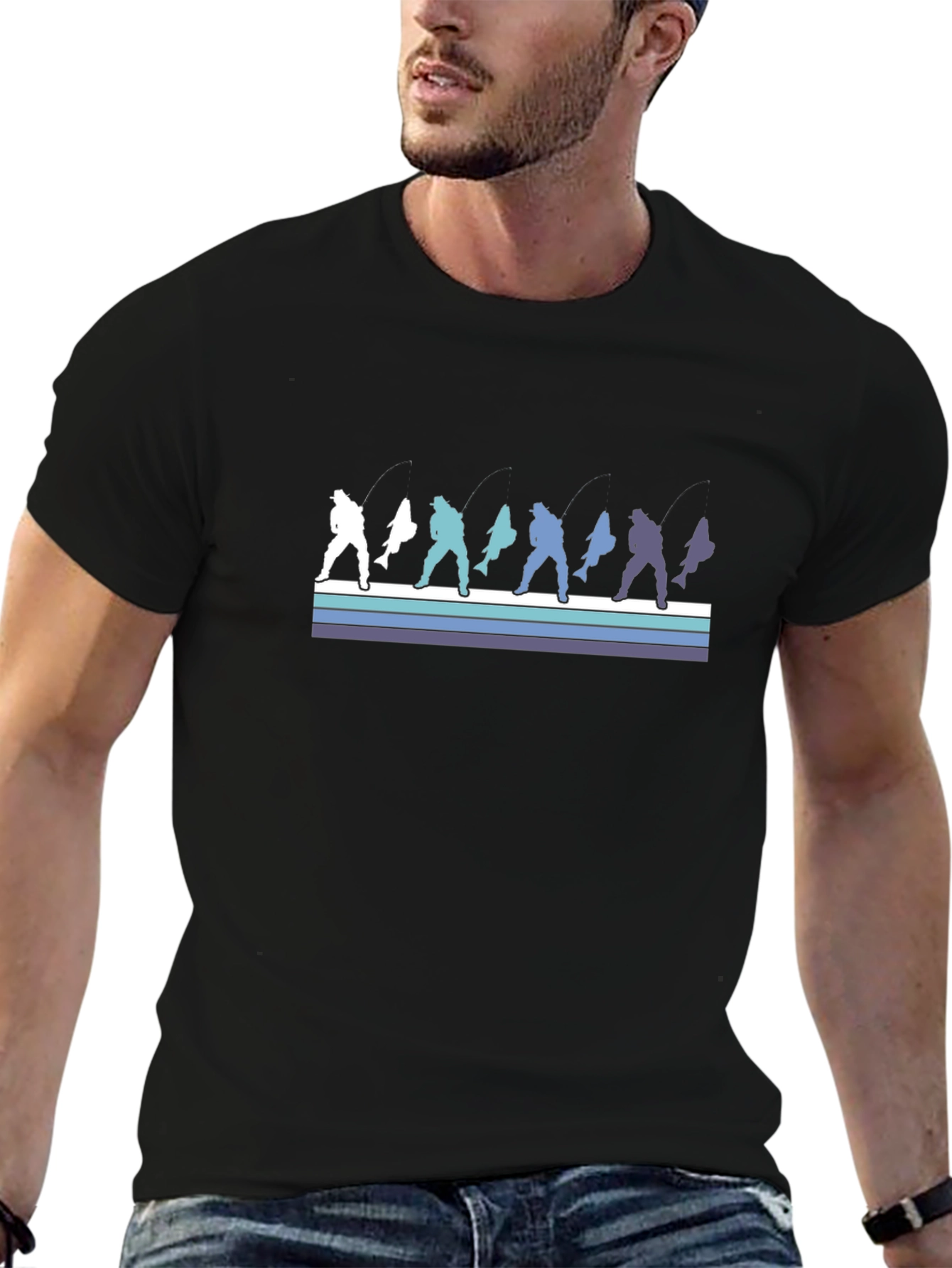 Retro Fishing Graphic Tee - Black Cotton T-Shirt