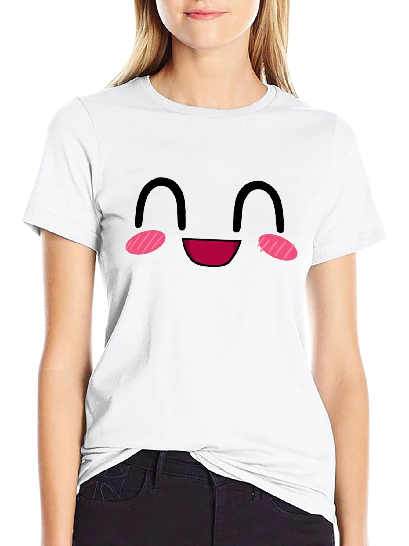 Kawaii Face Graphic Tee - Black Cotton Smile Shirt