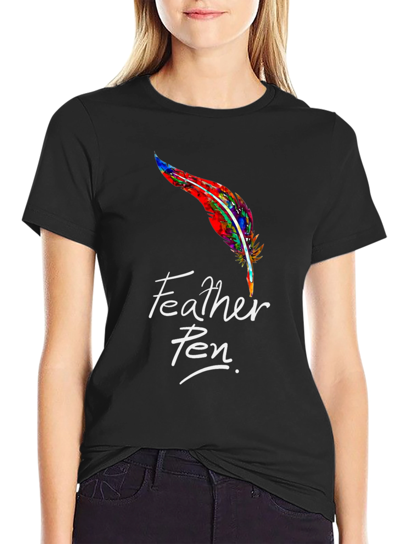 Feather Pen Graphic Tee - Stylish Black T-Shirt