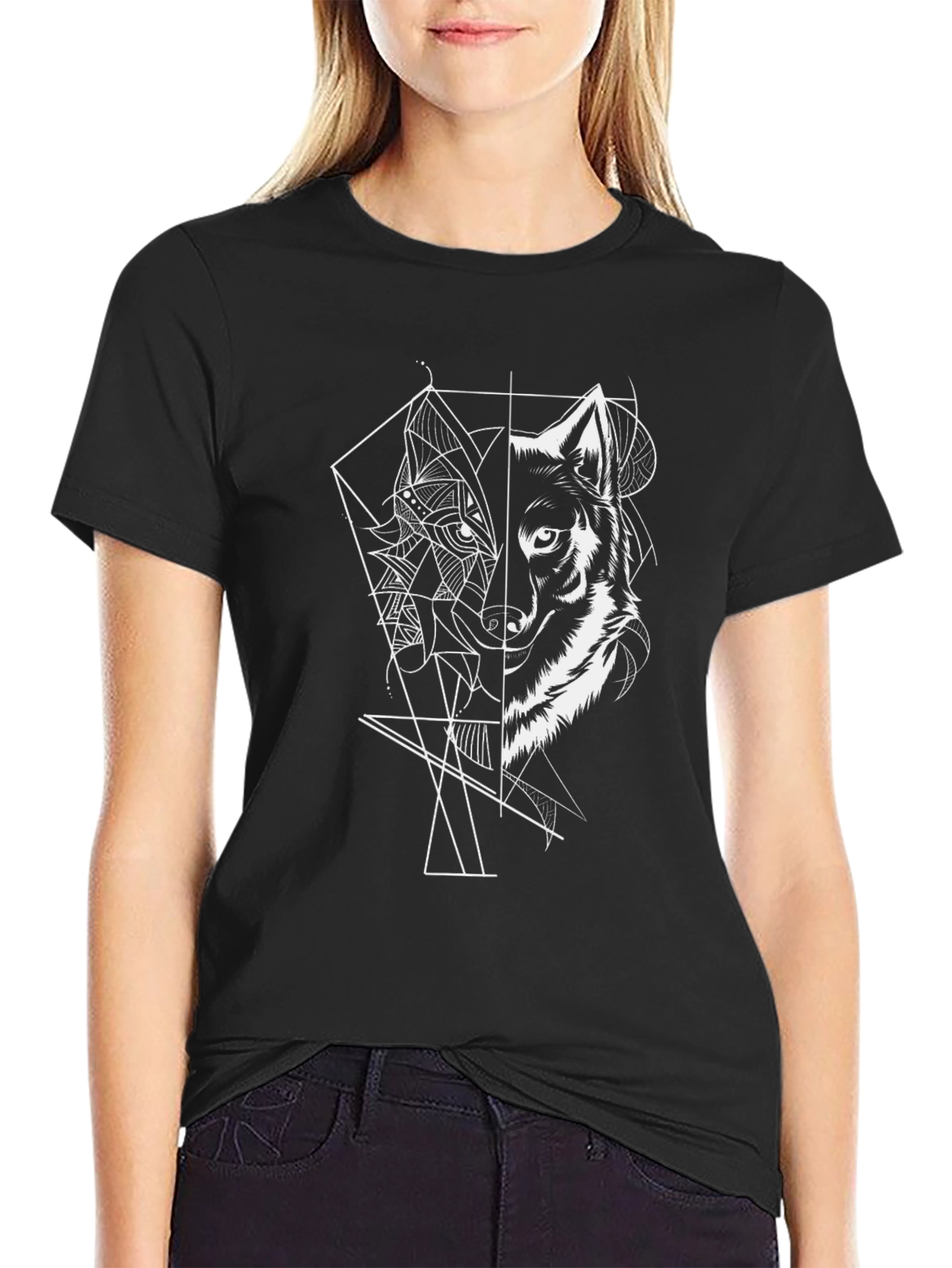 Geometric Wolf Graphic Tee - Black