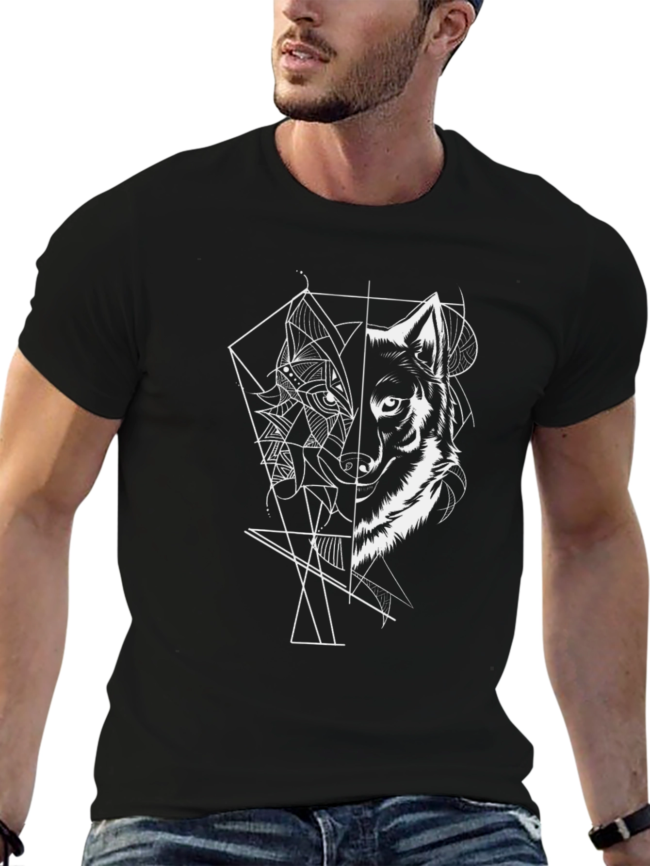 Geometric Wolf Graphic Tee - Black