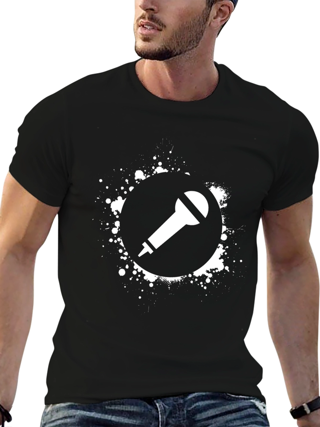 Black T-Shirt with Microphone Graphic Print