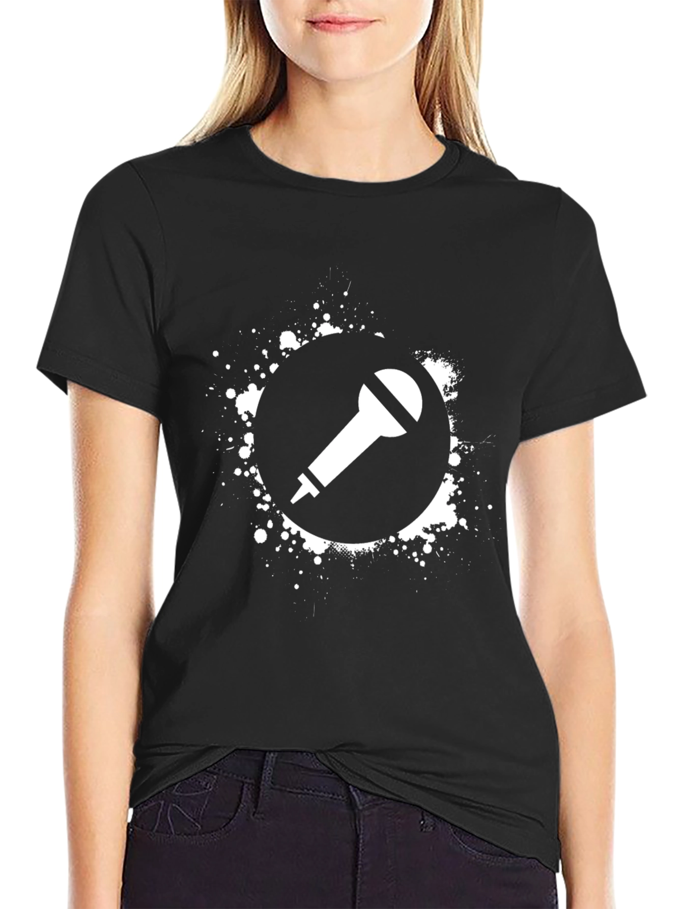 Black T-Shirt with Microphone Graphic Print