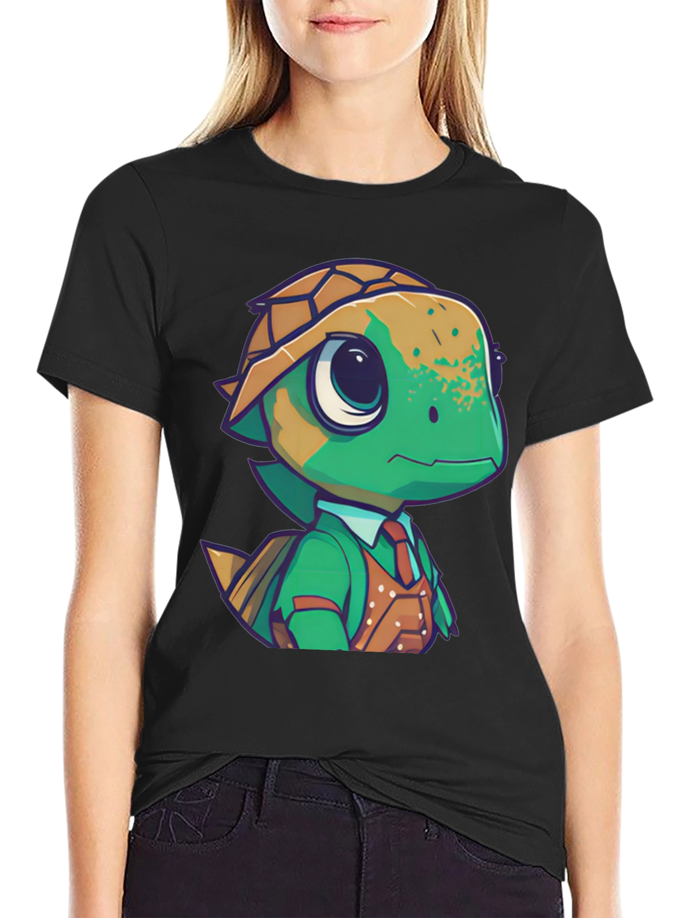 Cartoon Turtle in Suit Black T-Shirt