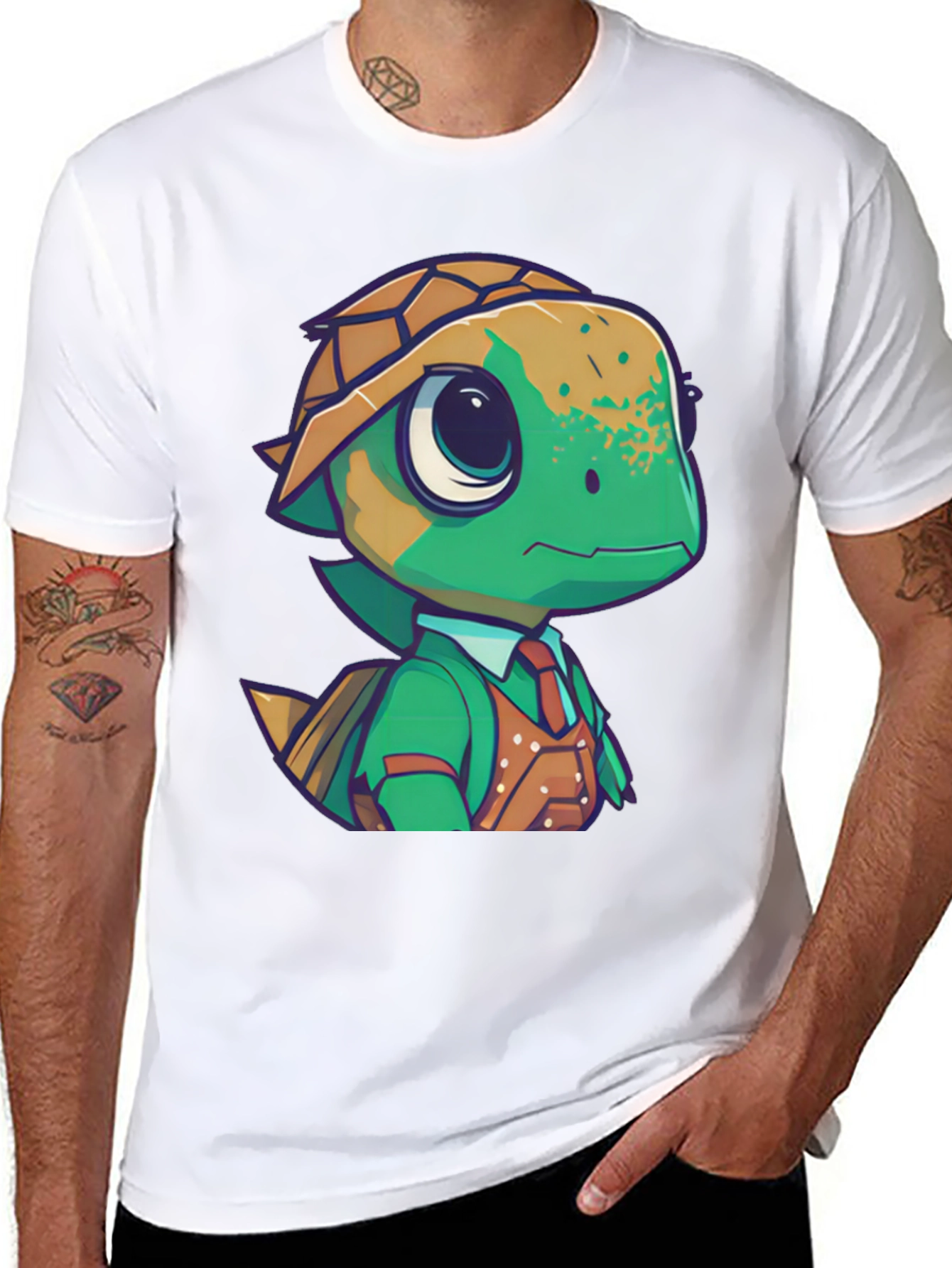 Cartoon Turtle in Suit Black T-Shirt