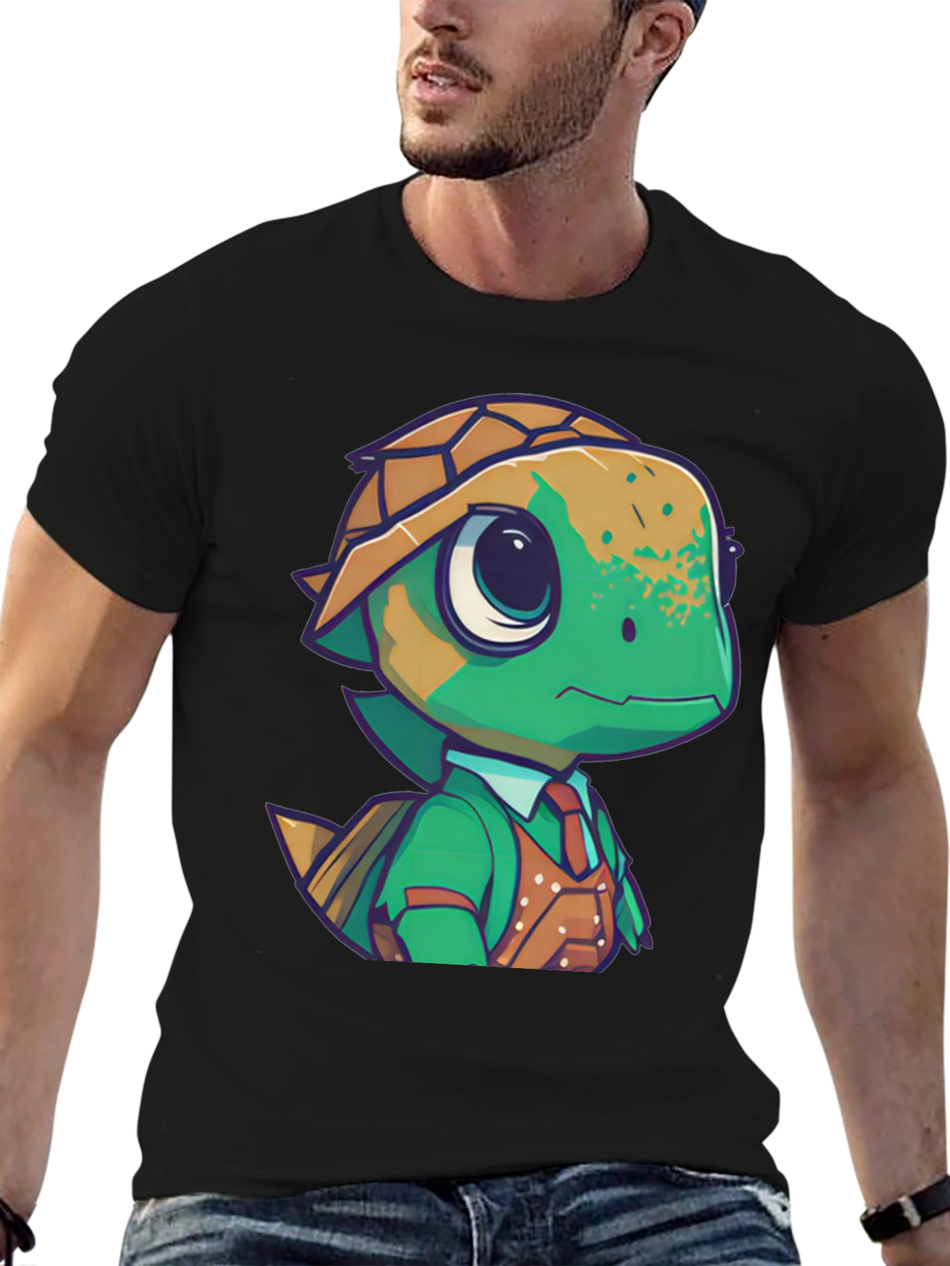 Cartoon Turtle in Suit Black T-Shirt