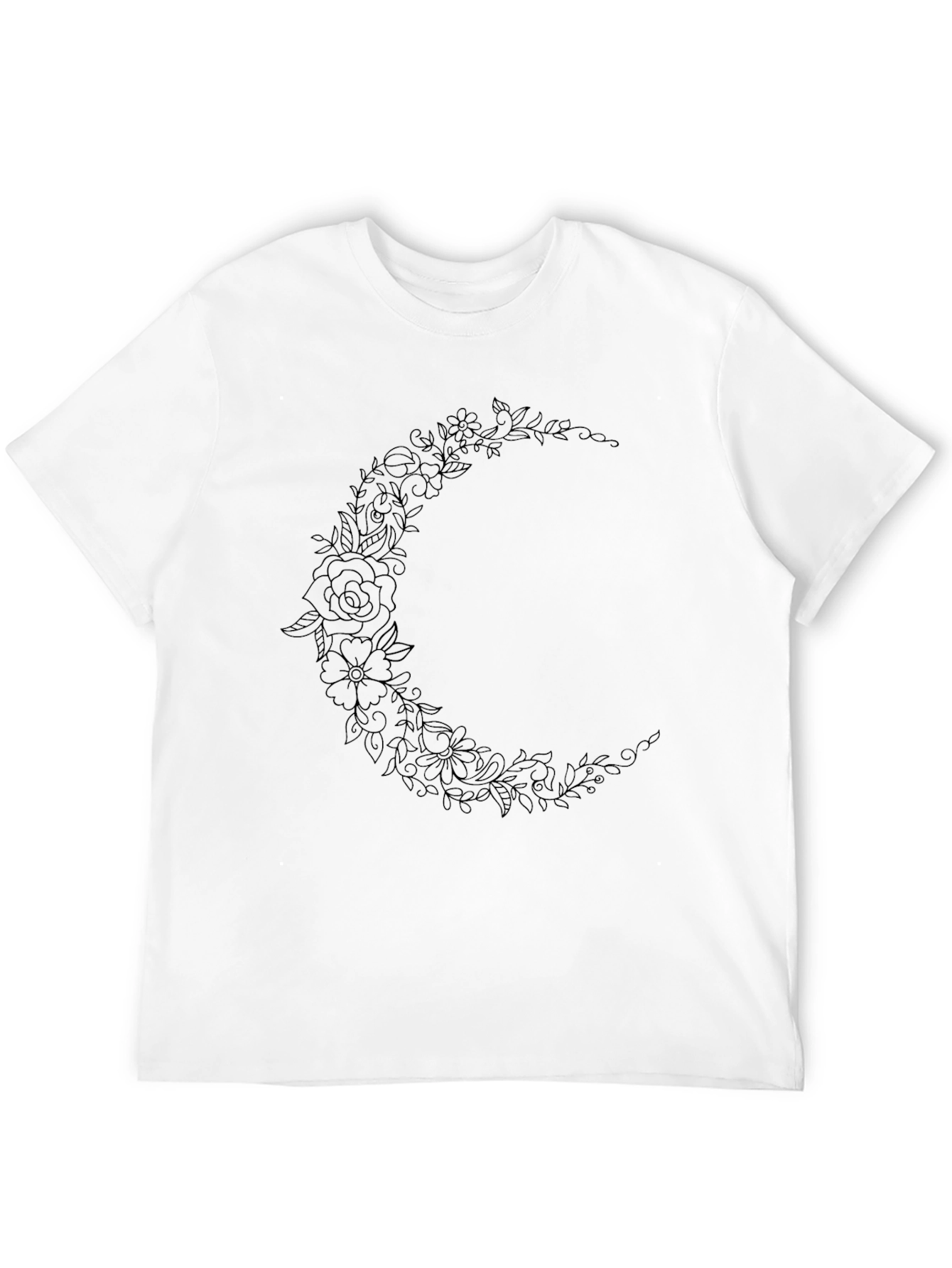 Floral Crescent Moon Graphic Black Tee Shirt