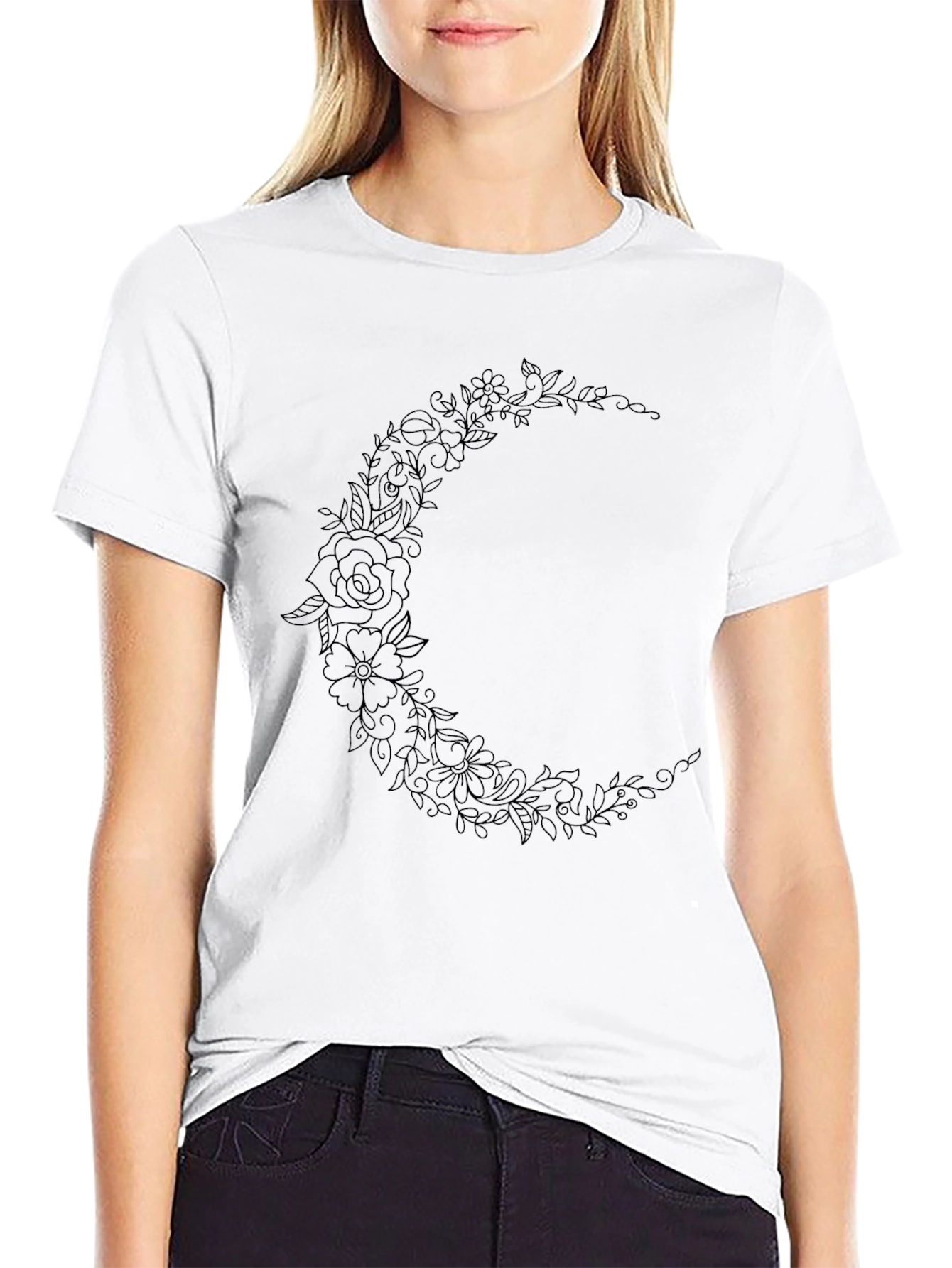 Floral Crescent Moon Graphic Black Tee Shirt