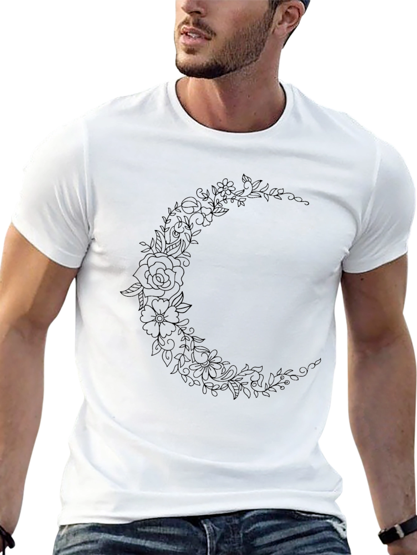 Floral Crescent Moon Graphic Black Tee Shirt