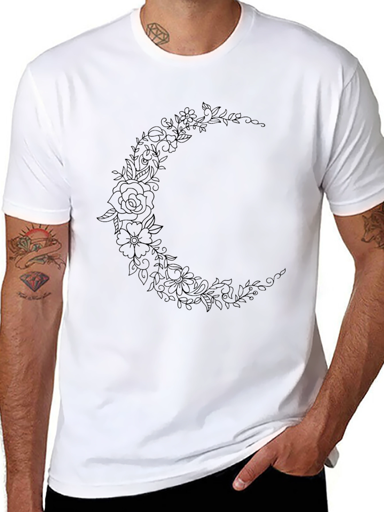Floral Crescent Moon Graphic Black Tee Shirt
