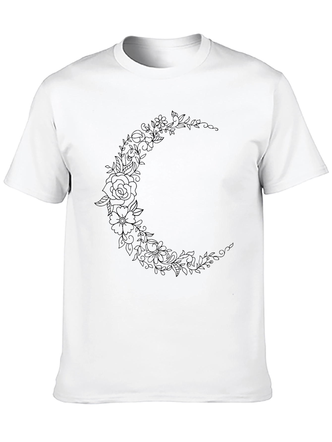 Floral Crescent Moon Graphic Black Tee Shirt