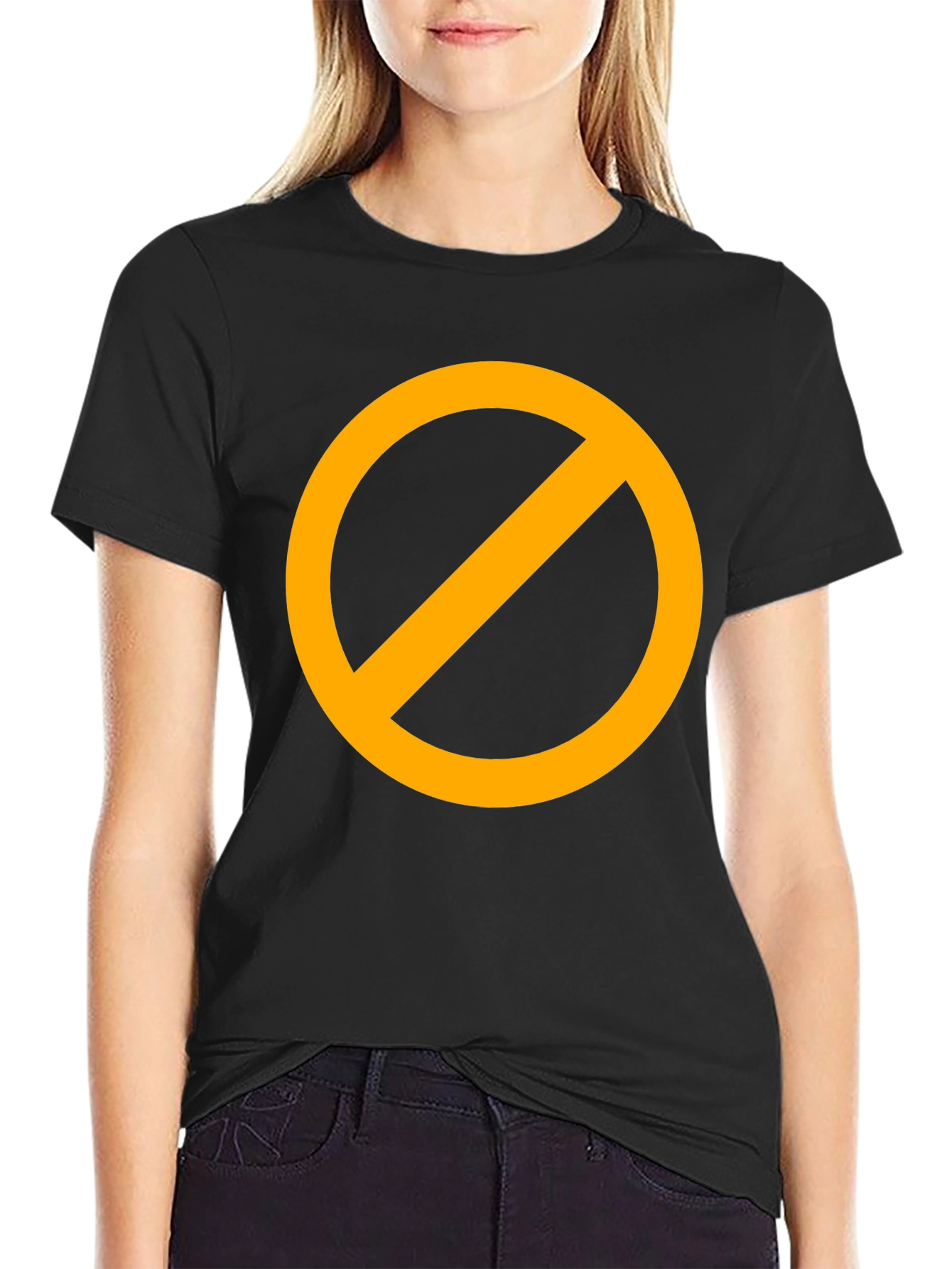 Black T-Shirt with Orange Circle Prohibition Symbol