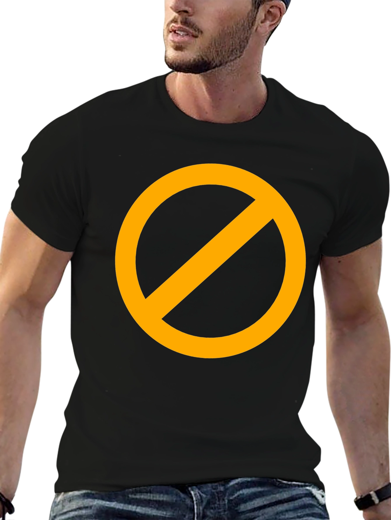 Black T-Shirt with Orange Circle Prohibition Symbol