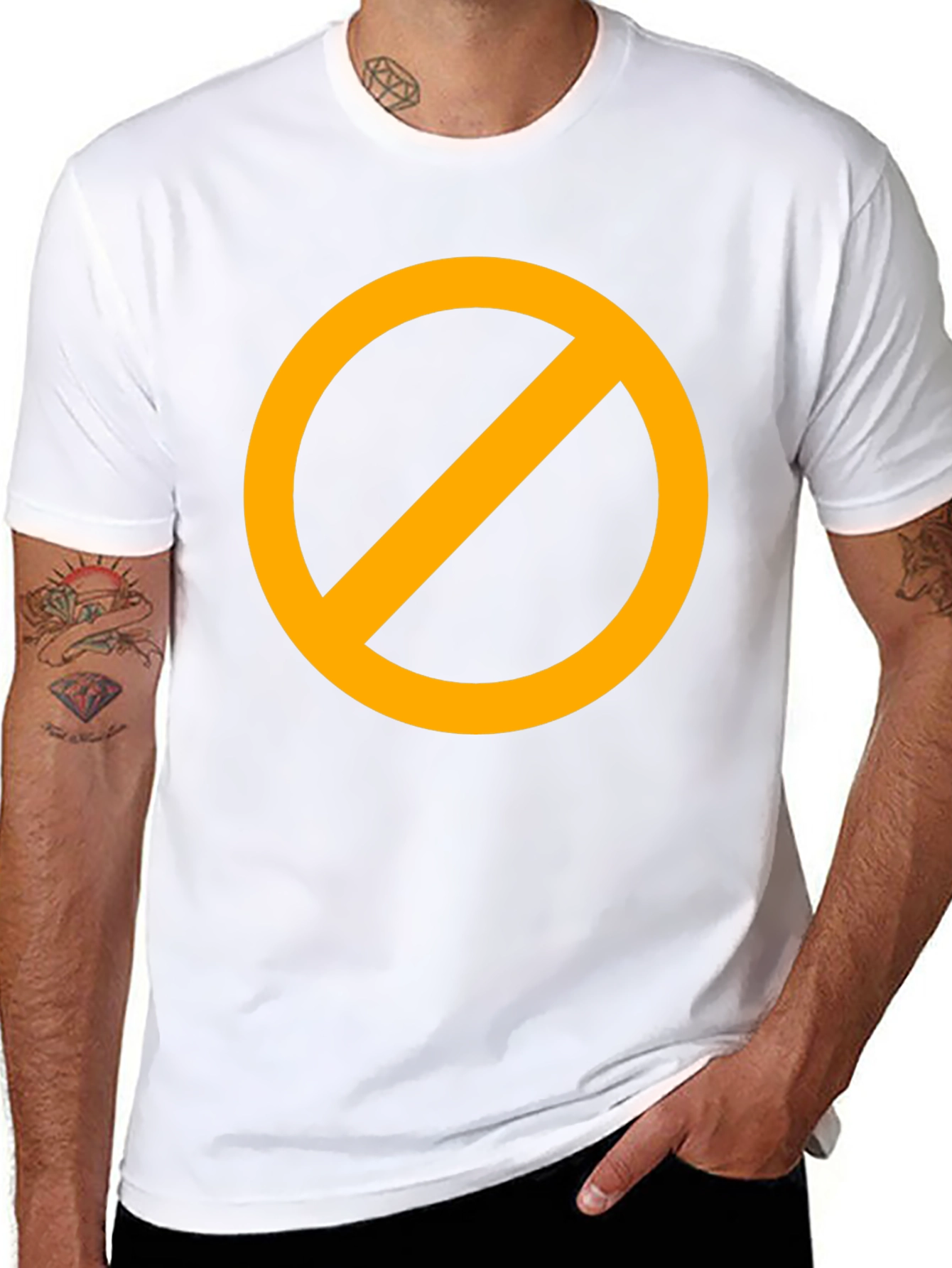 Black T-Shirt with Orange Circle Prohibition Symbol