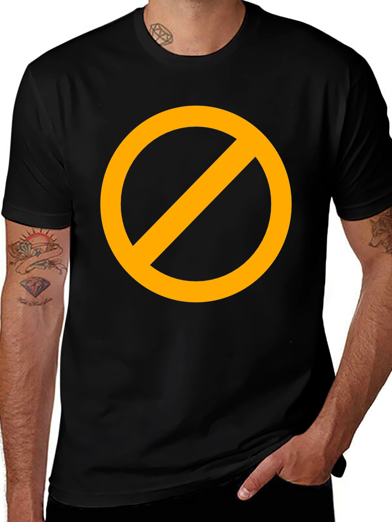 Black T-Shirt with Orange Circle Prohibition Symbol