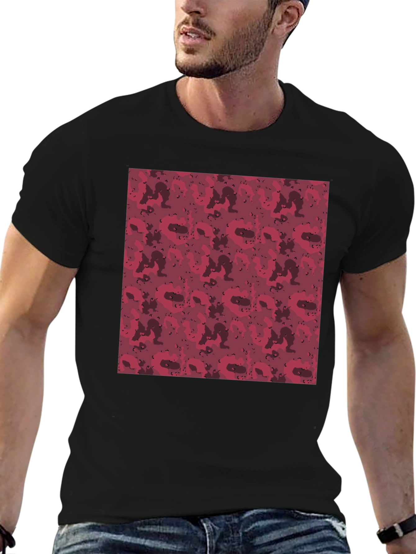 Red Camo Print Mens Black T-Shirt
