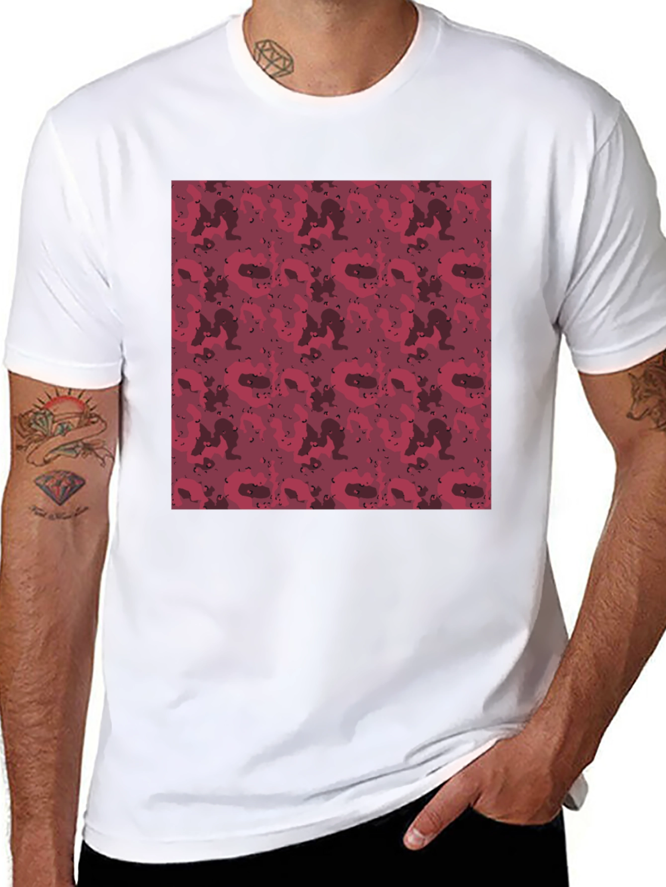 Red Camo Print Mens Black T-Shirt
