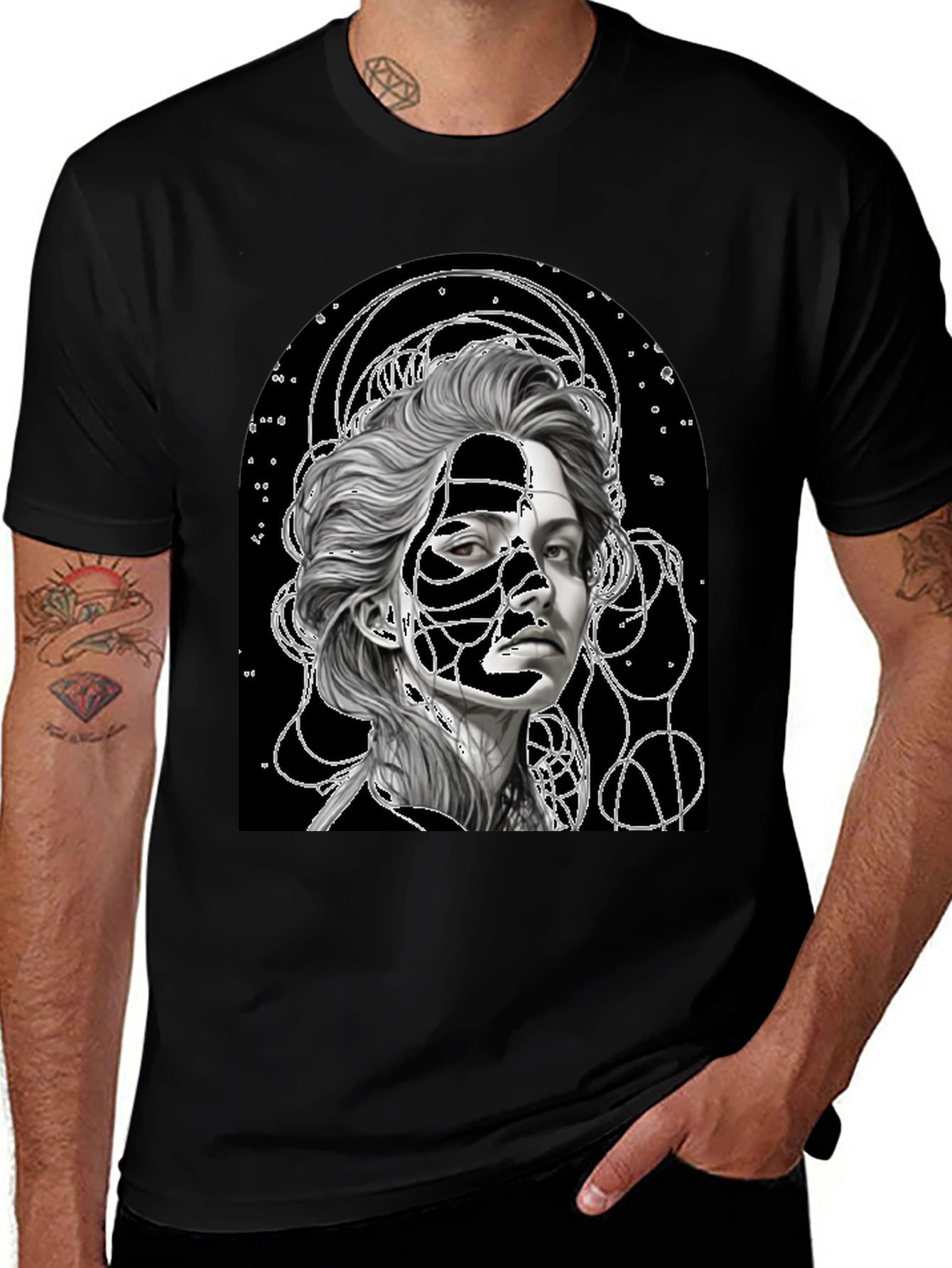 Abstract Portrait Graphic Tee - Stylish Black T-Shirt