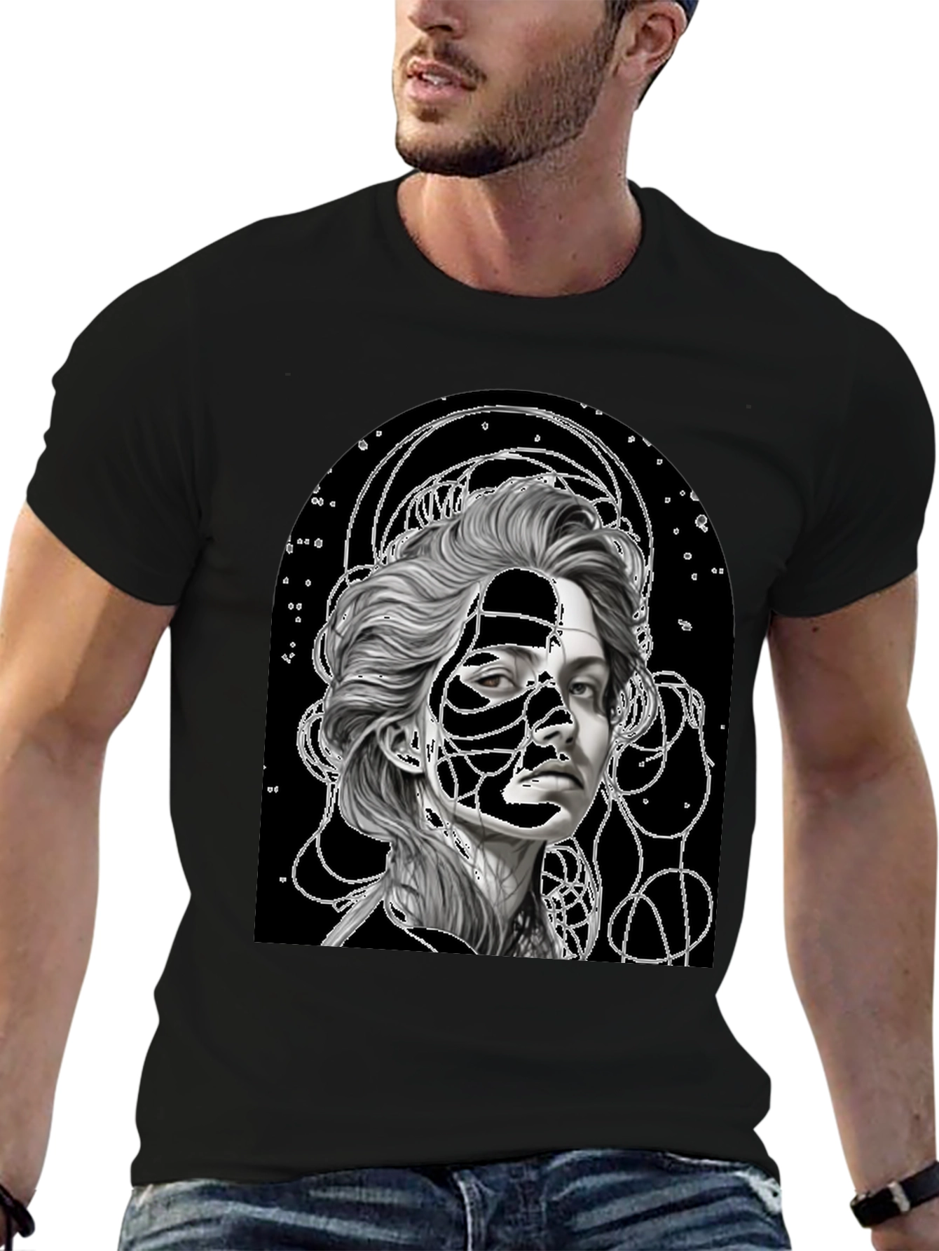 Abstract Portrait Graphic Tee - Stylish Black T-Shirt