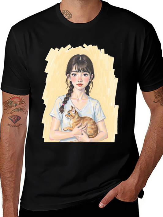 Girl with Cat T-Shirt - Cute Graphic Tee
