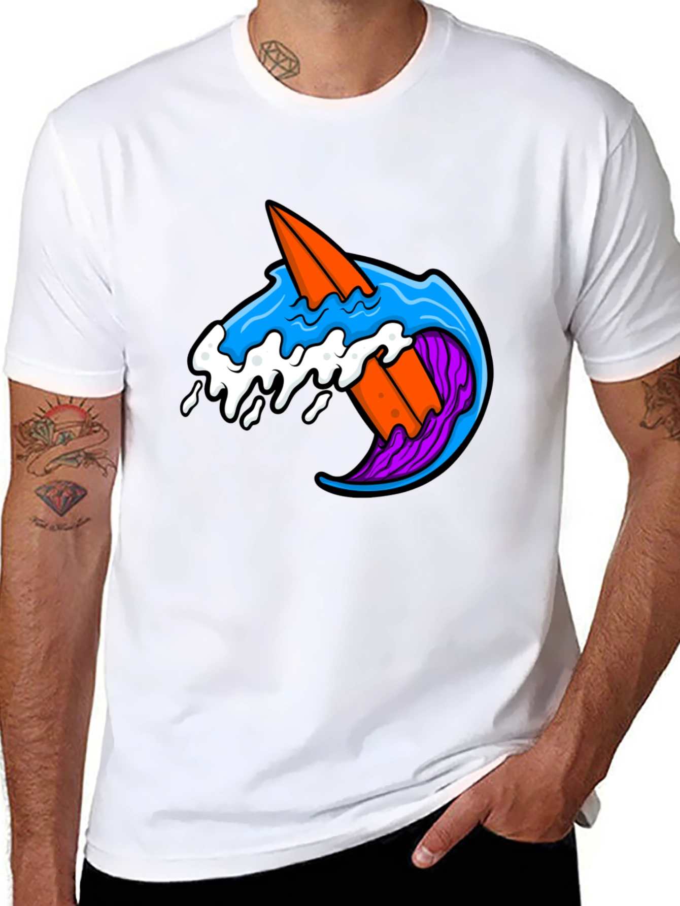 Surfboard Wave Graphic Tee - Black Cotton T-Shirt