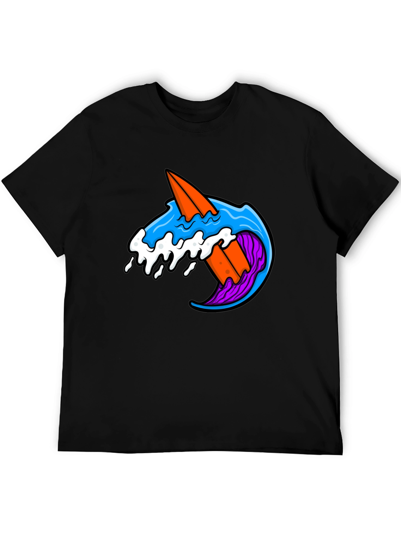 Surfboard Wave Graphic Tee - Black Cotton T-Shirt