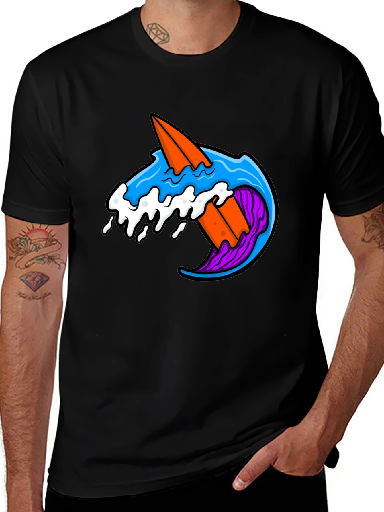 Surfboard Wave Graphic Tee - Black Cotton T-Shirt