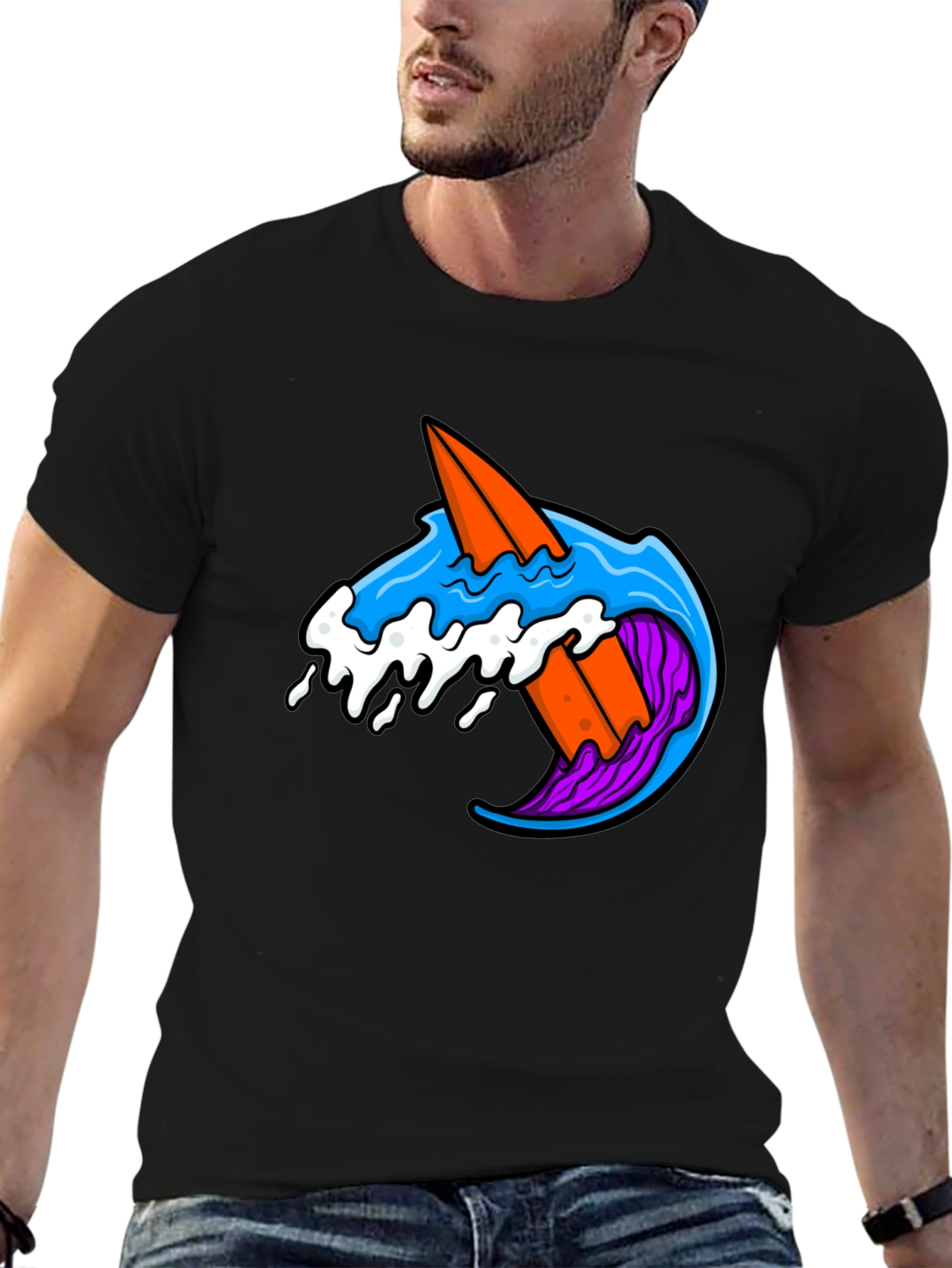 Surfboard Wave Graphic Tee - Black Cotton T-Shirt