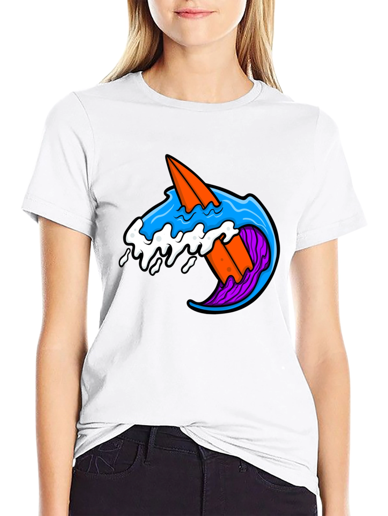 Surfboard Wave Graphic Tee - Black Cotton T-Shirt