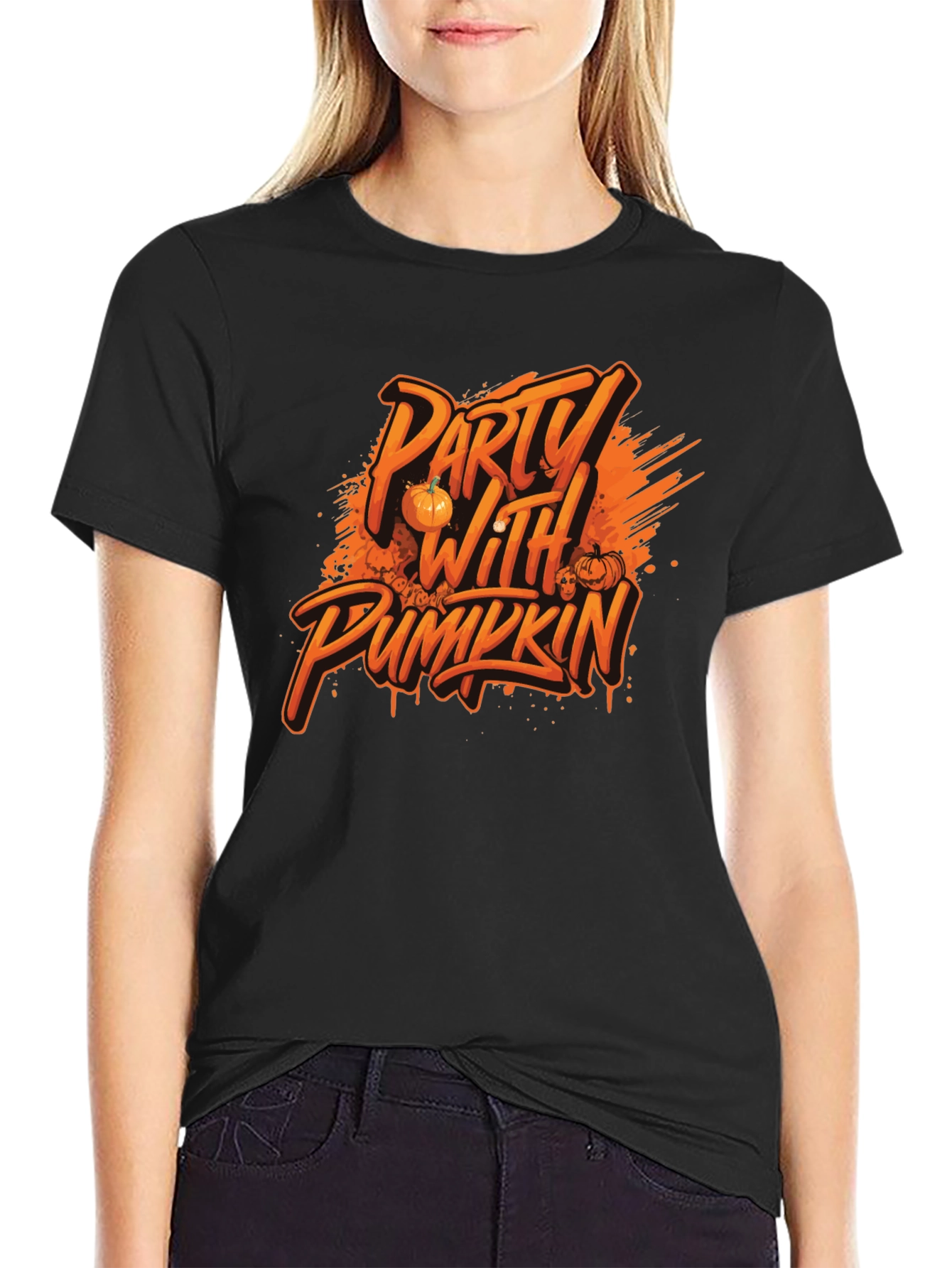 Party with Pumkin Black Graphic T-Shirt