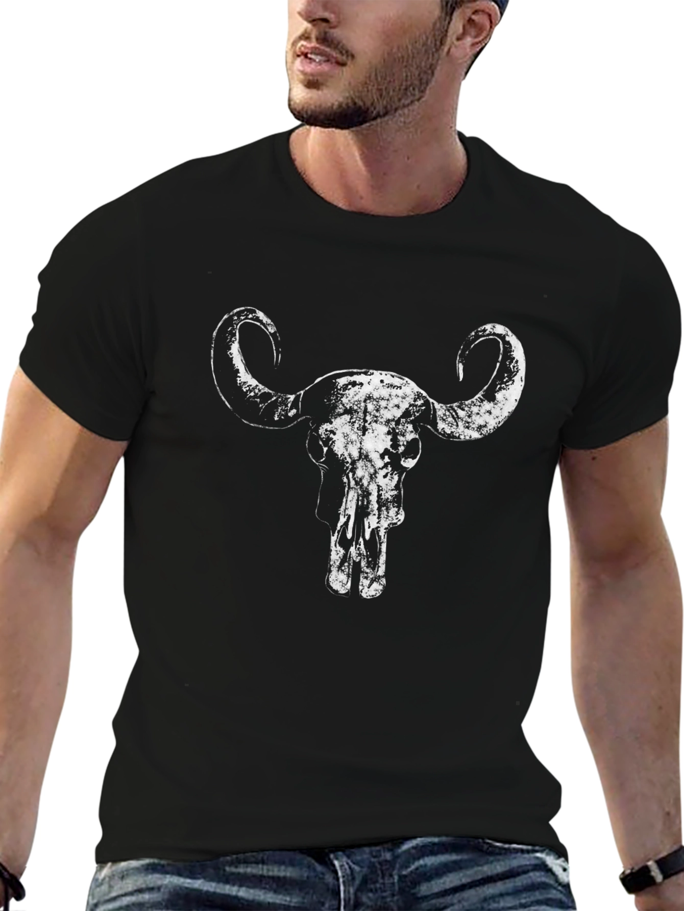 Distressed Buffalo Skull Graphic Tee - Black Cotton Shirt