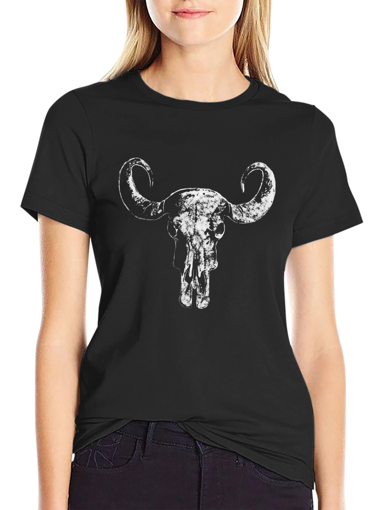 Distressed Buffalo Skull Graphic Tee - Black Cotton Shirt