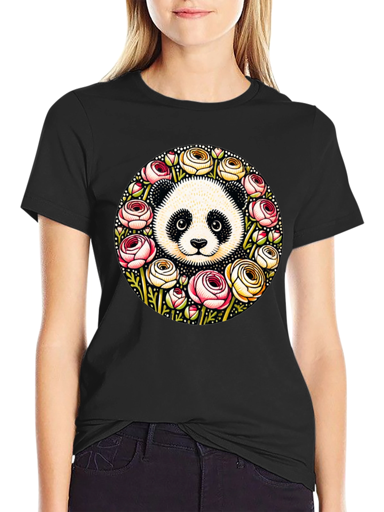 Panda & Floral Wreath Black T-Shirt