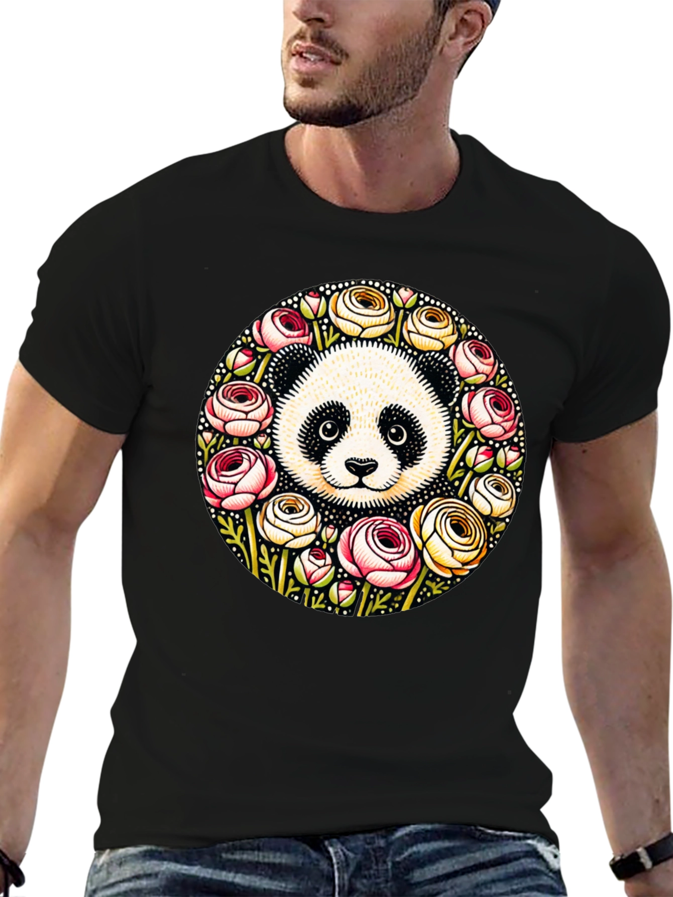 Panda & Floral Wreath Black T-Shirt