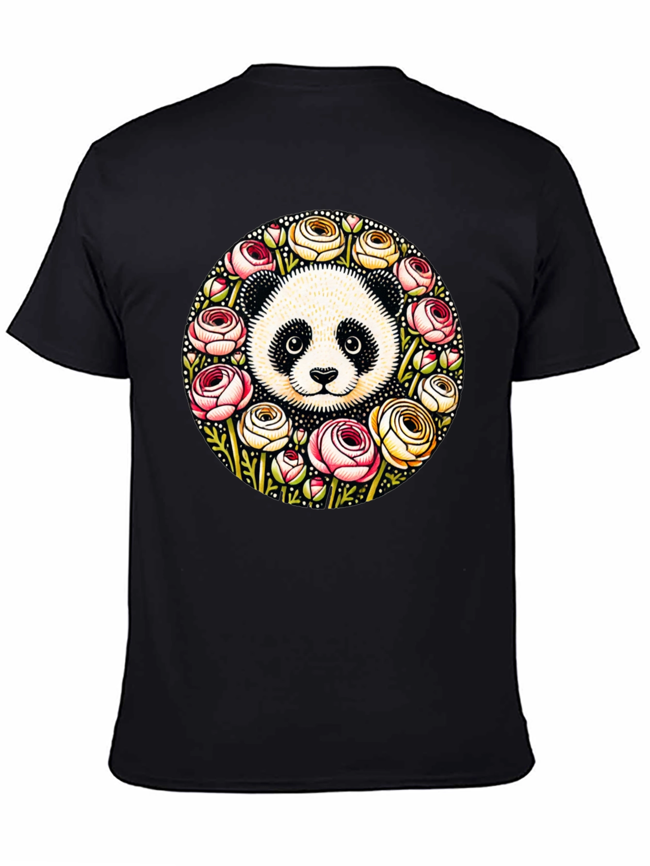 Panda & Floral Wreath Black T-Shirt