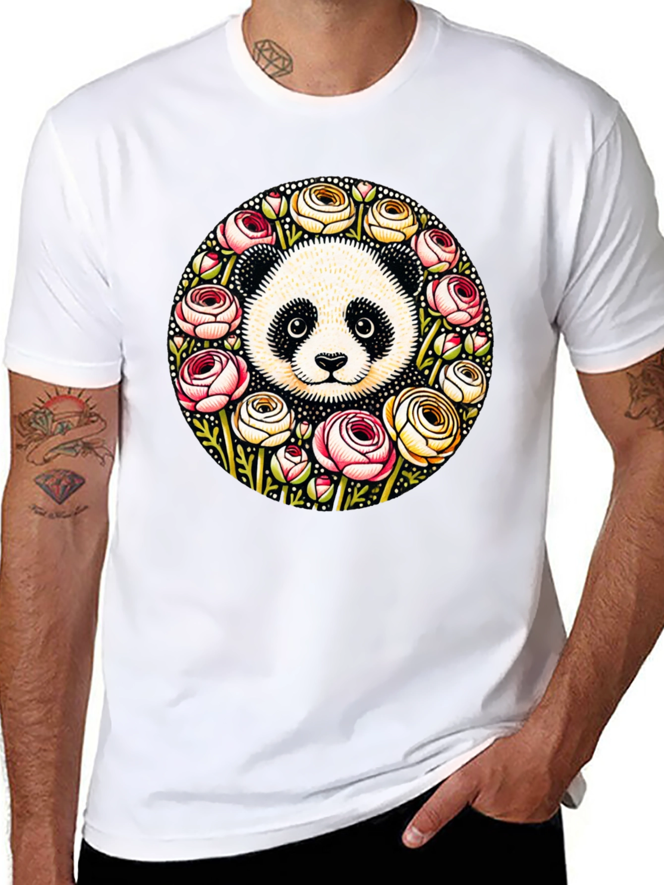 Panda & Floral Wreath Black T-Shirt
