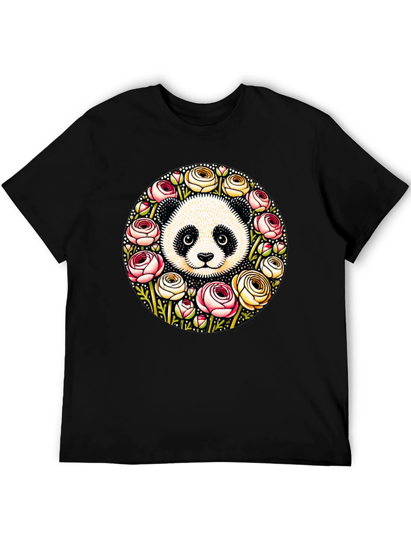 Panda & Floral Wreath Black T-Shirt