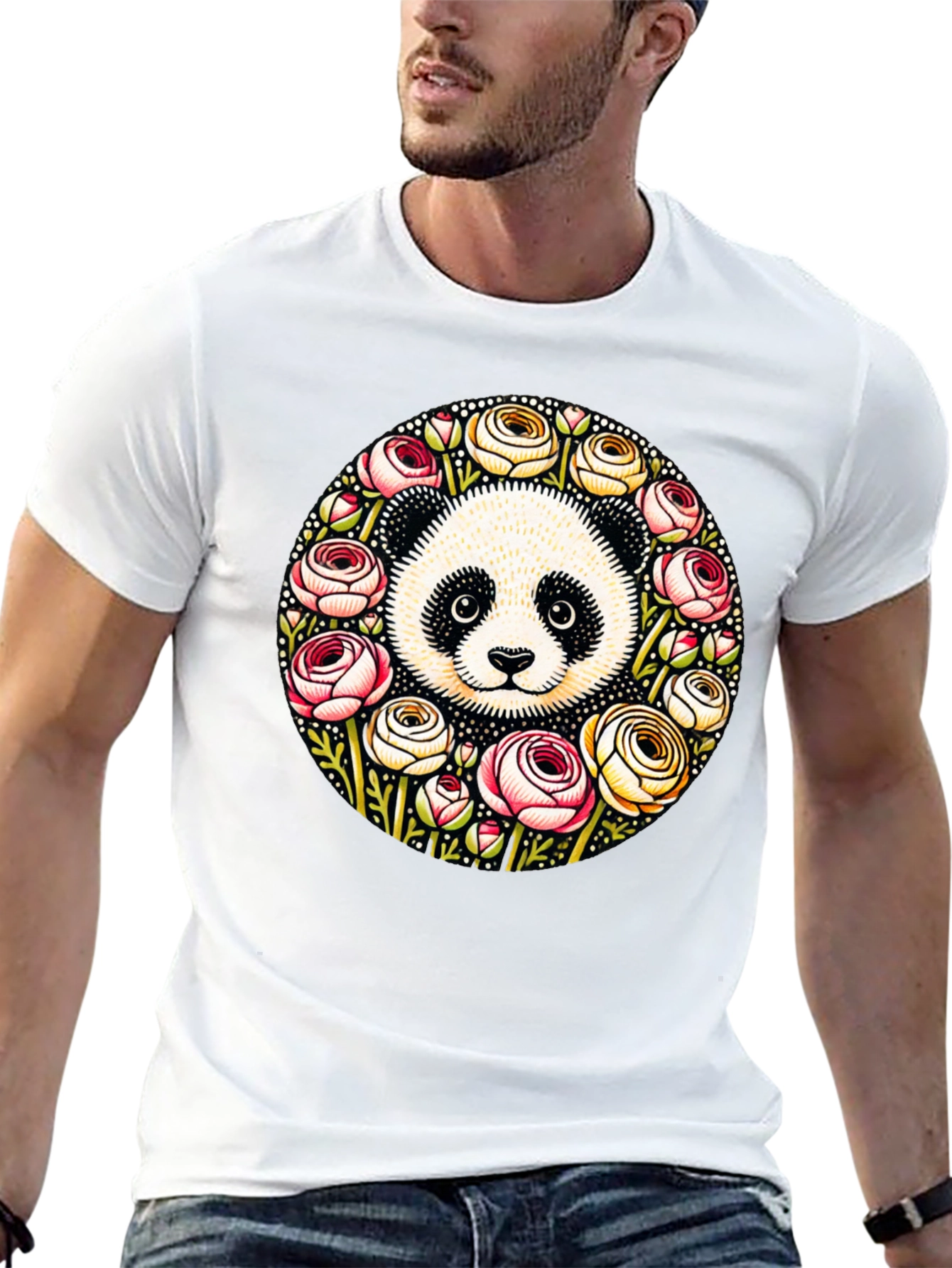 Panda & Floral Wreath Black T-Shirt