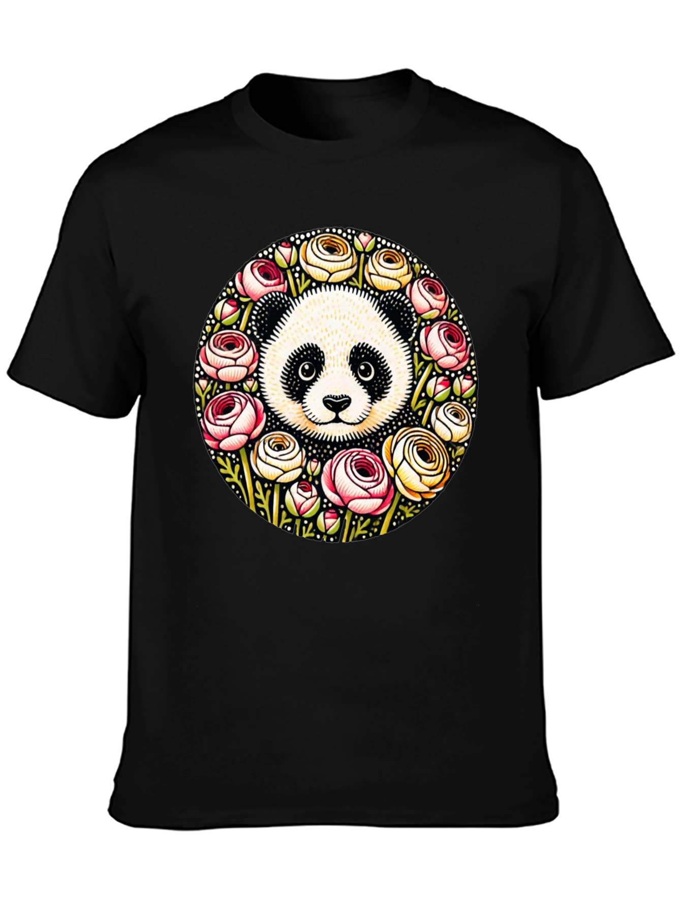 Panda & Floral Wreath Black T-Shirt