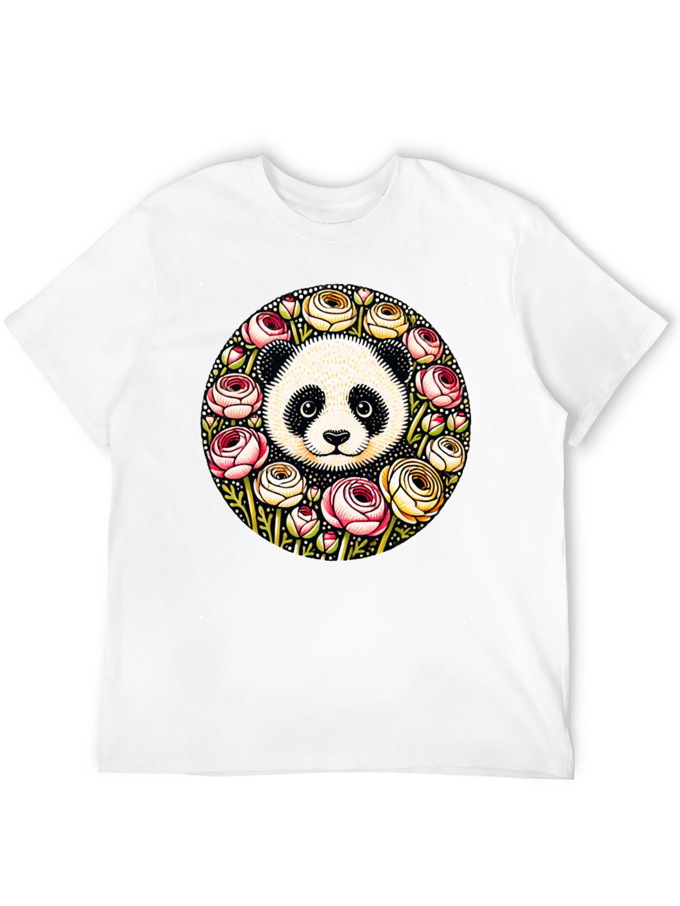 Panda & Floral Wreath Black T-Shirt