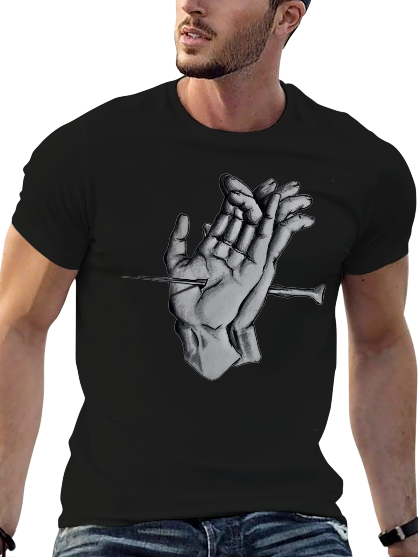 Surreal Hands Black Tee - Expressive Graphic Design