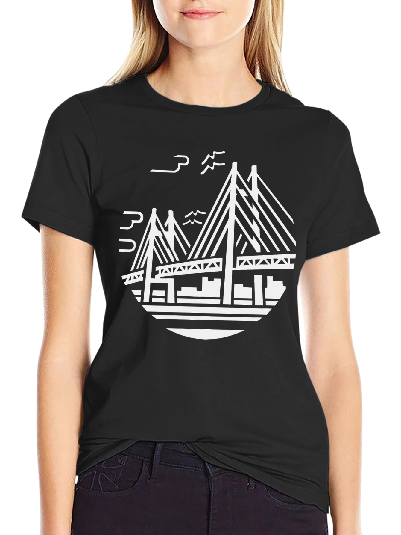 Black Bridge Graphic Tee - Stylish Crew Neck T-Shirt