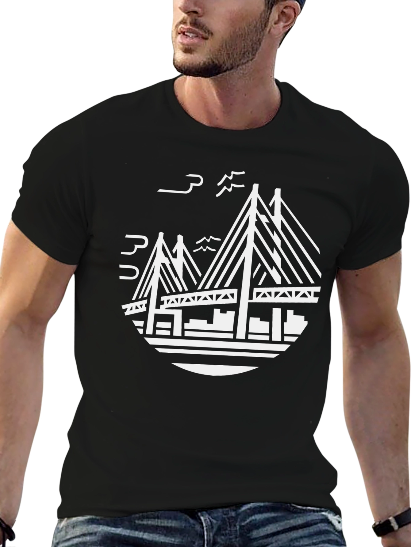 Black Bridge Graphic Tee - Stylish Crew Neck T-Shirt