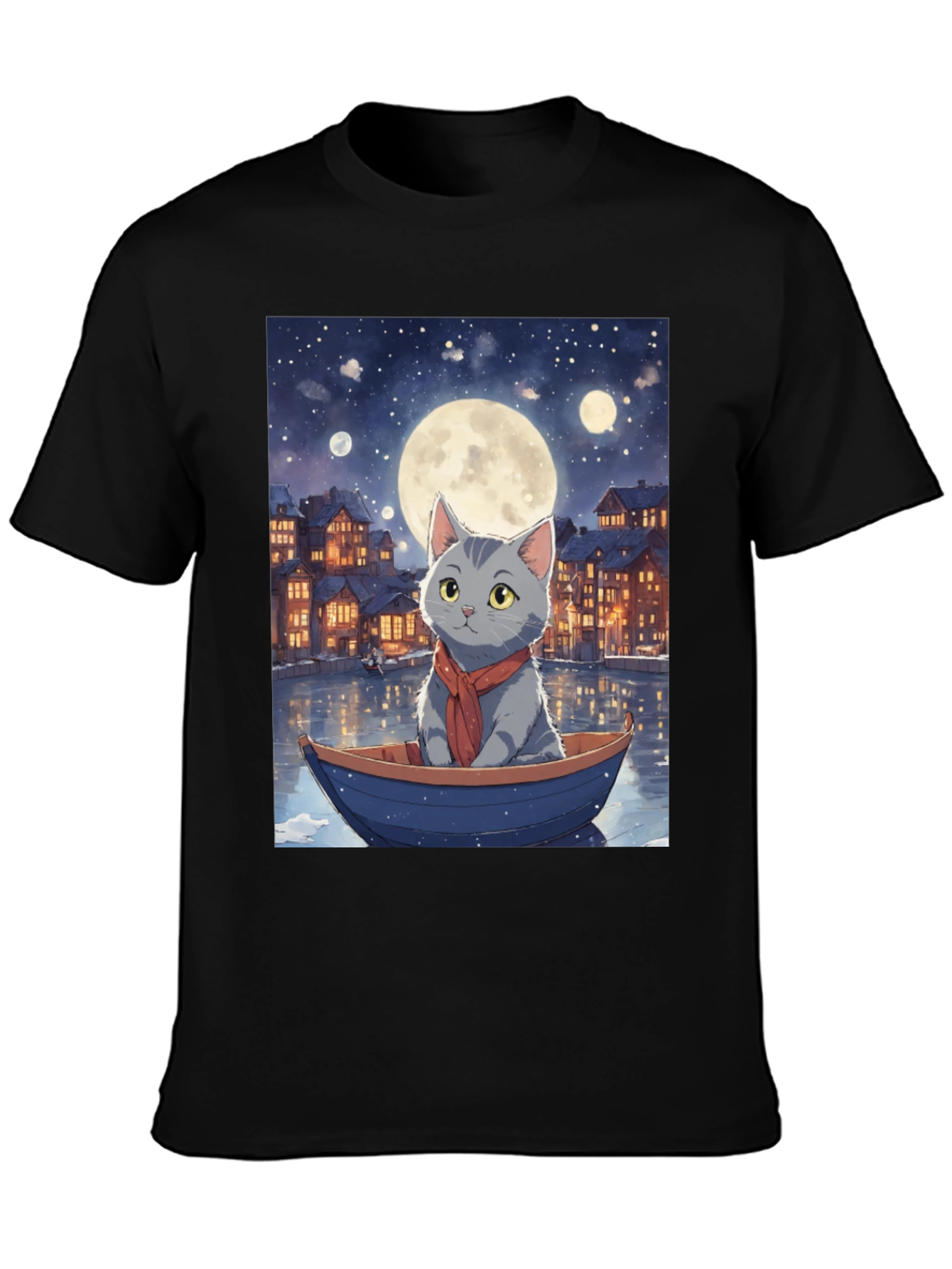 Cat in Boat T-Shirt - Moonlit Adventure