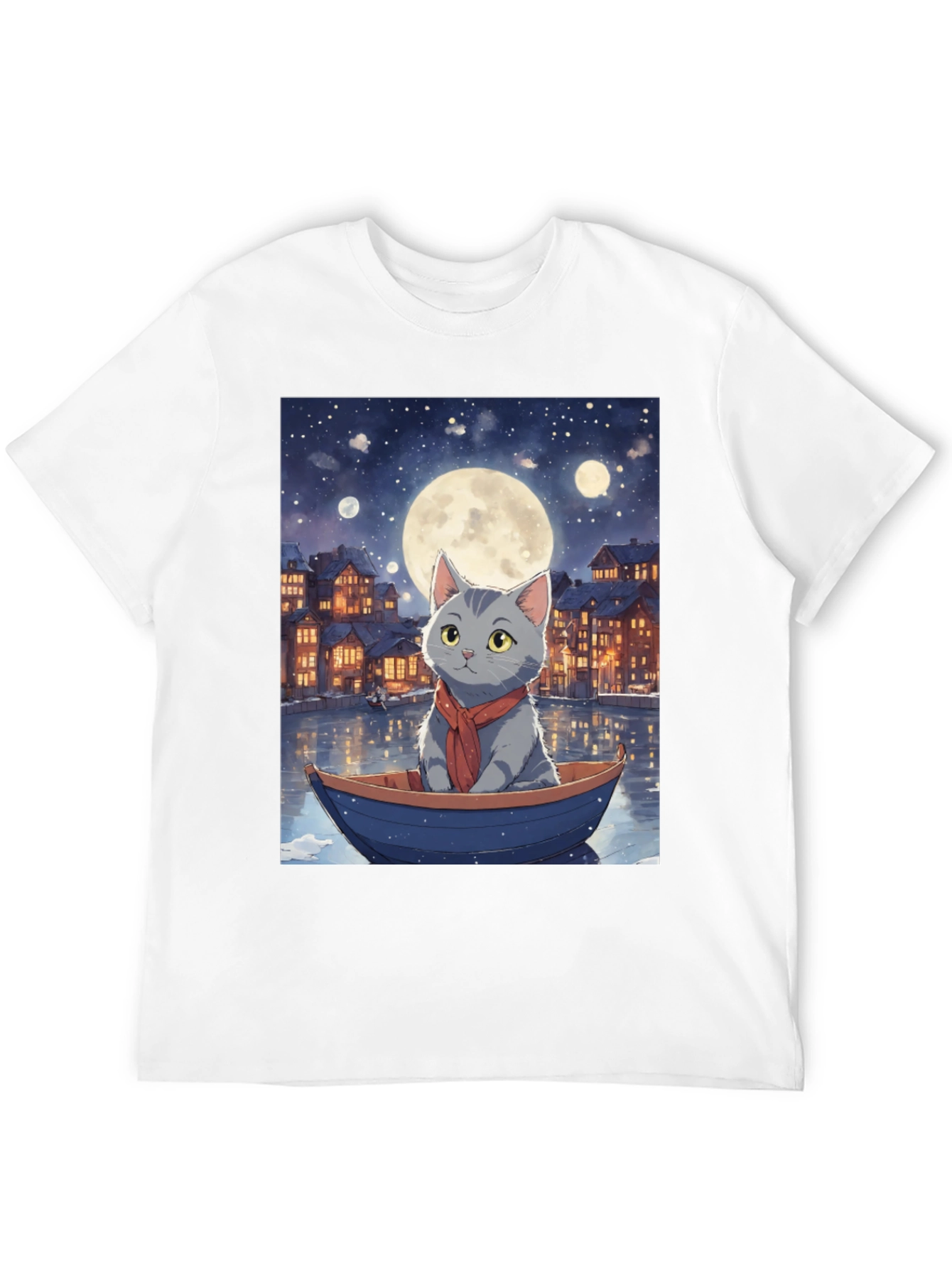 Cat in Boat T-Shirt - Moonlit Adventure