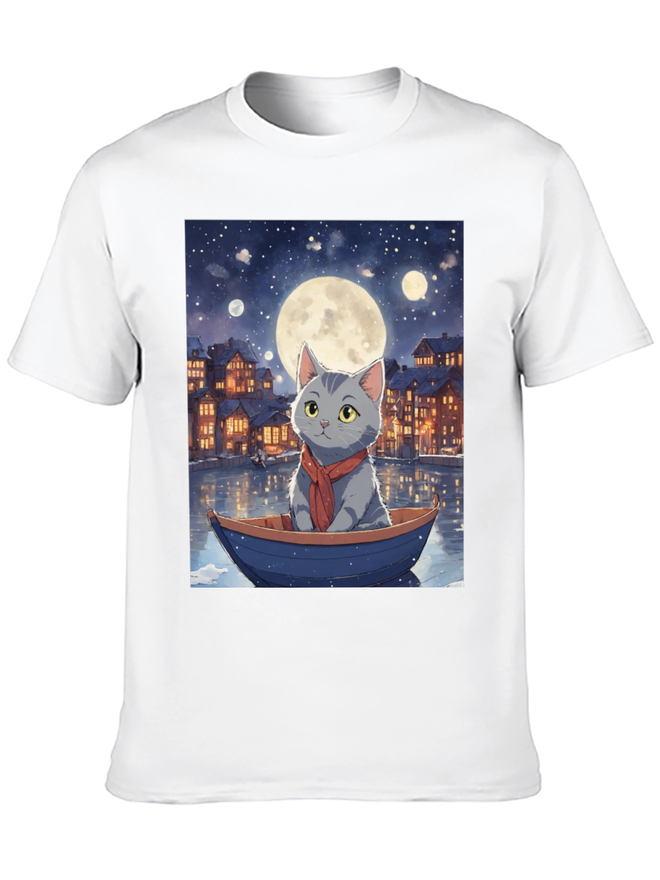 Cat in Boat T-Shirt - Moonlit Adventure
